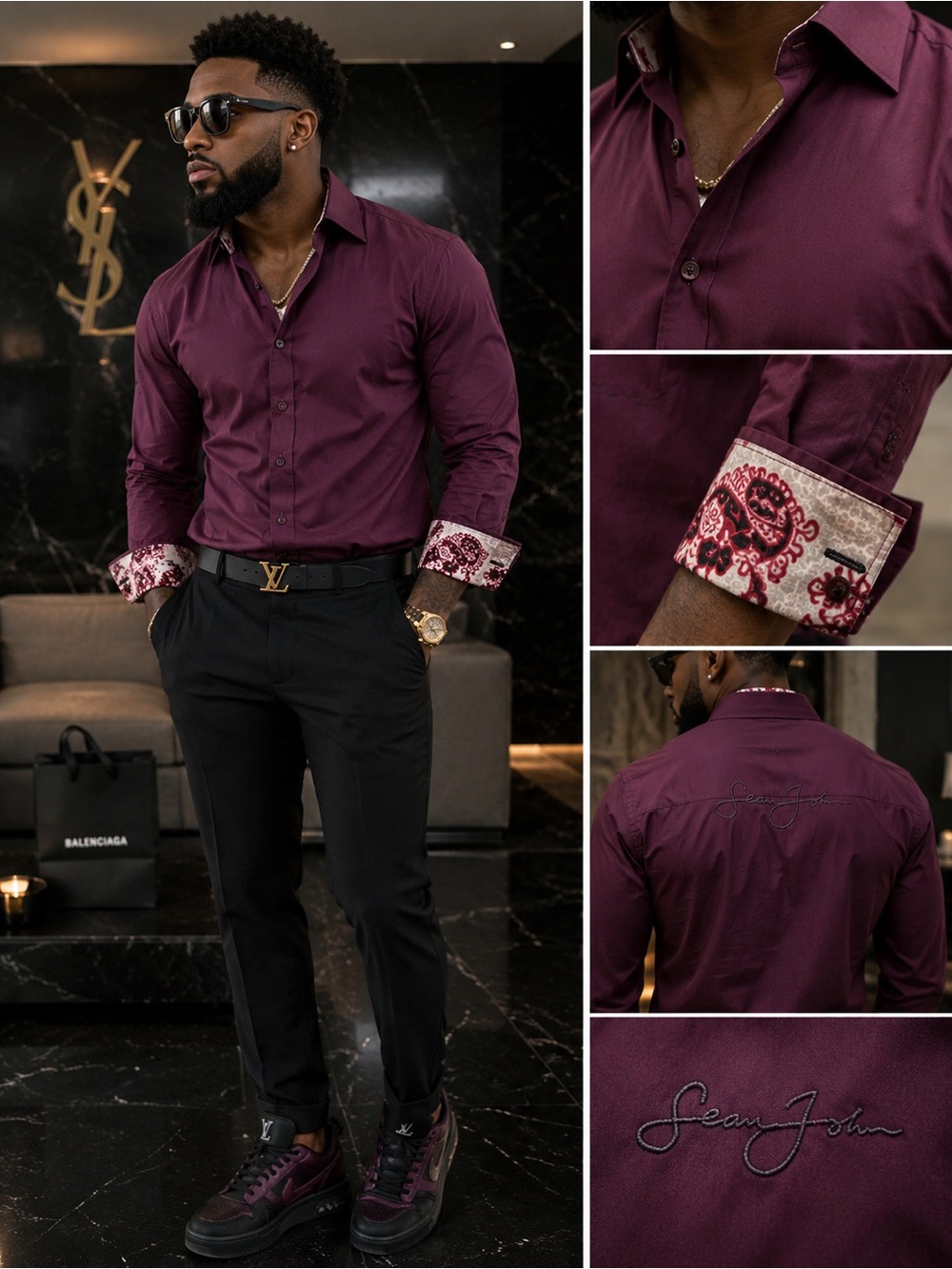 Sean John Plum Dress Shirt Paisley Contrast French Cuffs Men’s Large 100% Cotton